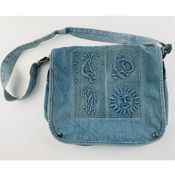Vintage Blue Jean Embossed Denim Messenger Shoulder Bag Kokopelli Lizard Native - Picture 1 of 15